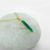 Handmade Bar Pendant, Bridal Necklace, Green Onyx 7x30mm Necklace, Micron Gold Plated Sterling Silver Bezel Necklace Jewelry